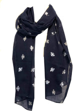 Load image into Gallery viewer, Pamper Yourself Now Navy Blue with Silver Bumble Bees Long Scarf. Great Present/Gift for bee Lovers.

