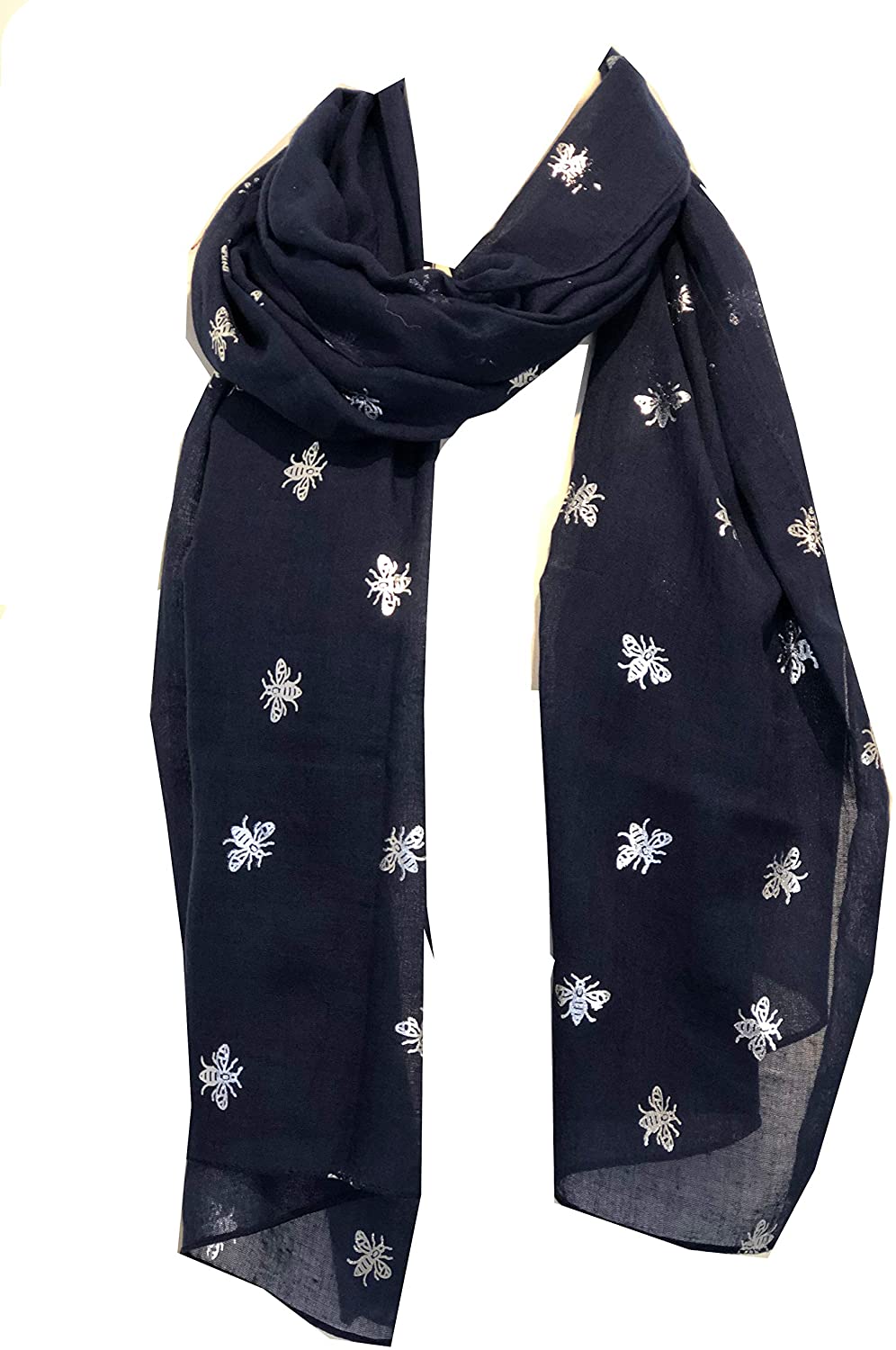 Pamper Yourself Now Navy Blue with Silver Bumble Bees Long Scarf. Great Present/Gift for bee Lovers.