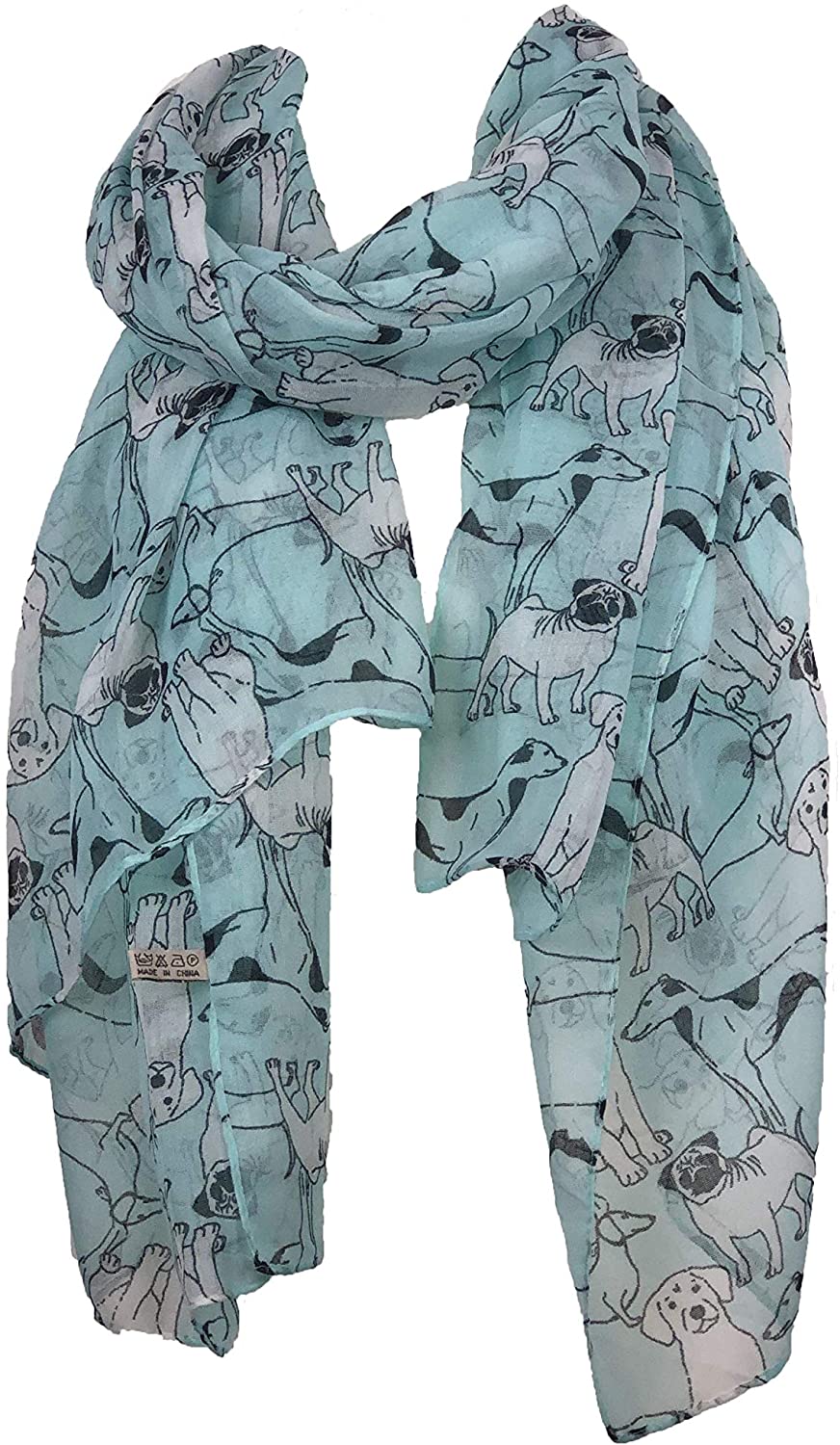 Pamper Yourself Now Aqua Green Sketched Mixed Dog Design Scarf Pug, Sausage Dog, Labrador and whippit