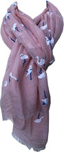 Load image into Gallery viewer, Pamper Yourself Now Peachy Pink with White Standing up Flamingo Long Scarf/wrap with Frayed Edge
