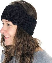 Load image into Gallery viewer, Black woollen machine knitted headband with flower. Warm winter headband
