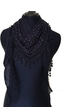 Load image into Gallery viewer, Navy Blue Jersey with sparkle and lace trimmed triangle Scarf Soft Summer Fashion London Fashion Fab Gift

