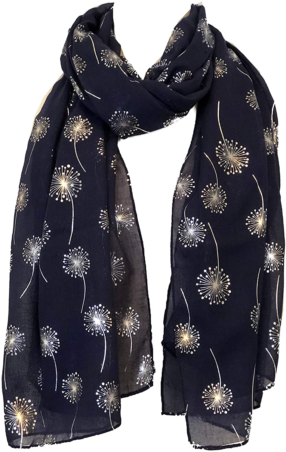Pamper Yourself Now Navy Blue with Silver Dandelion Design Long Scarf