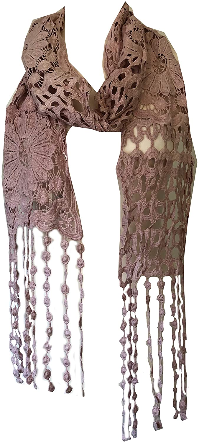 Baby pink thin flower lace long scarf with tassels