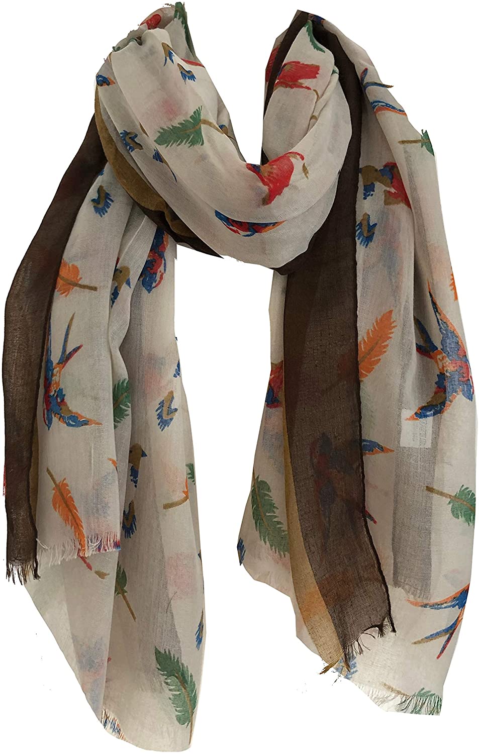 Pamper Yourself Now Beige with Dark Brown Edge Swallow and Feather Scarf Multi Coloured Oversized Soft wrap with Frayed Edge