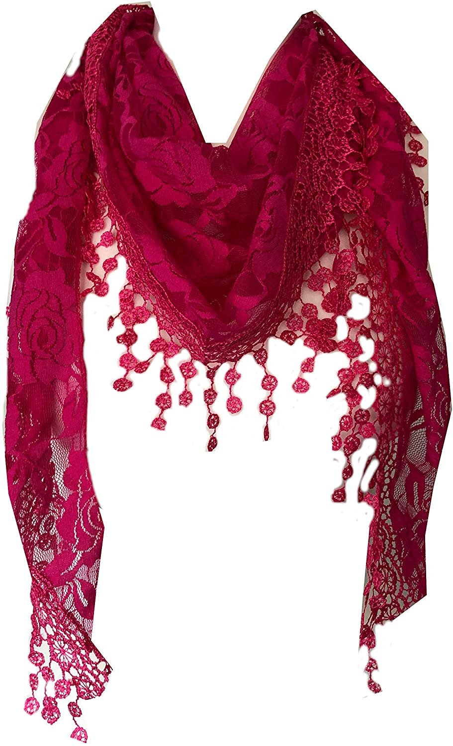 Pamper Yourself Now Fuchsia Pink Roses Designs lace Triangle Scarf. a Lovely Fashion Item. Fantastic Gift
