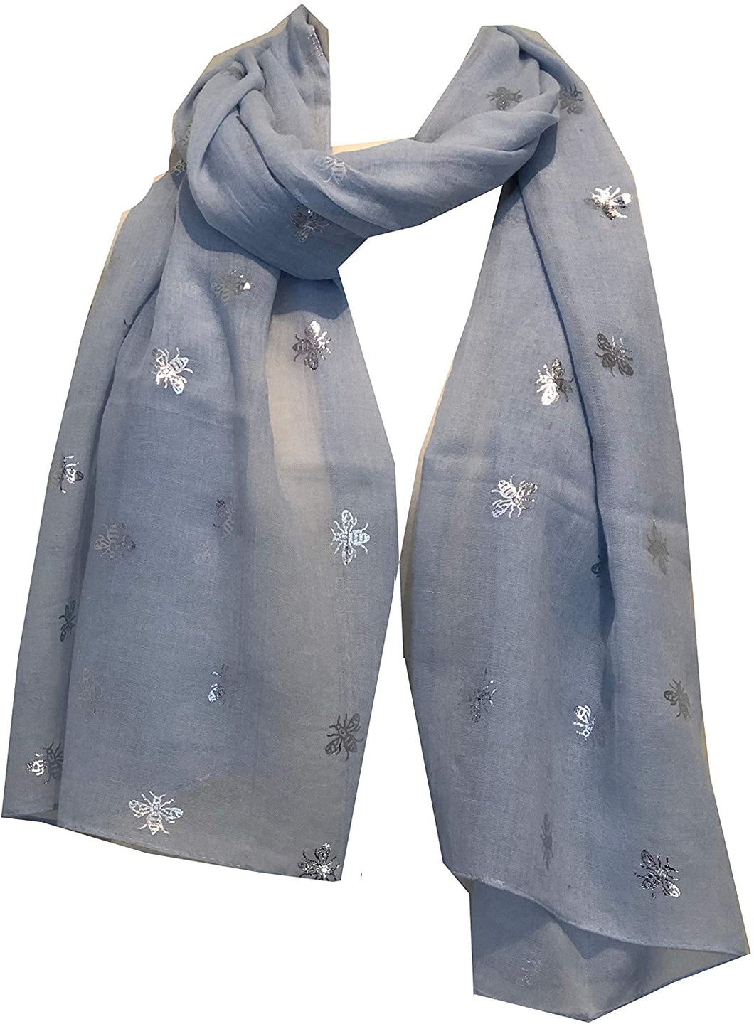 Pamper Yourself Now Sky Blue with Silver Bumble Bees Long Scarf. Great Present/Gift for bee Lovers.