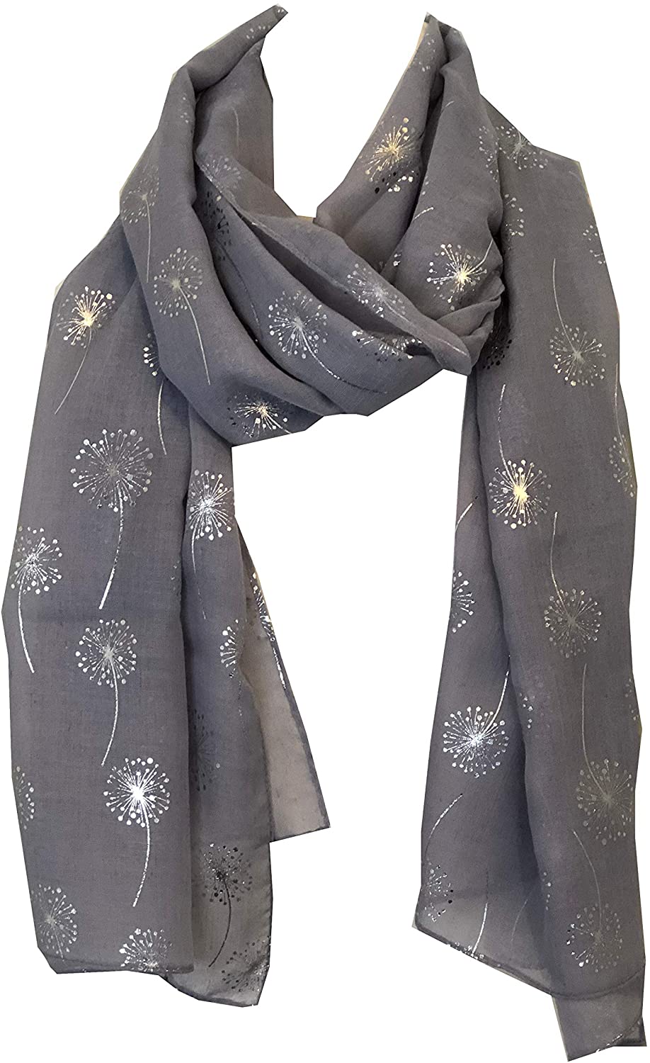 Pamper Yourself Now Grey with Silver Dandelion Design Long Scarf