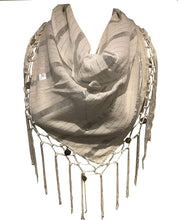 Load image into Gallery viewer, White with Striped Silver Gypsy Style Triangle Scarf
