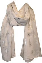 Load image into Gallery viewer, Pamper Yourself Now White with Silver Dandelion Design Long Scarf
