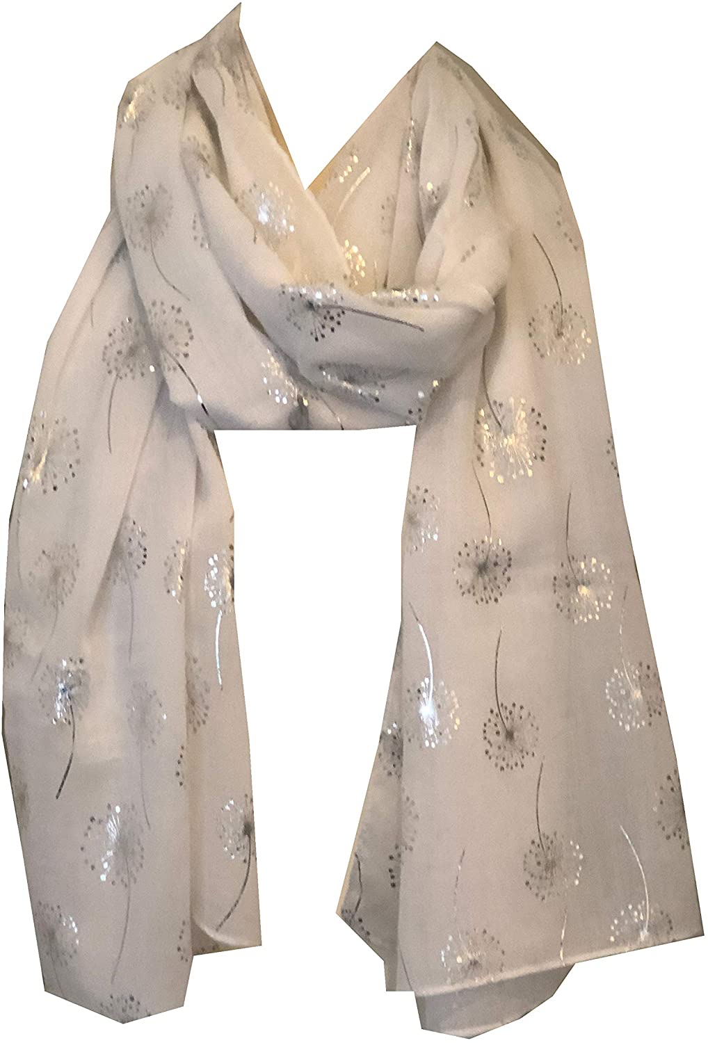 Pamper Yourself Now White with Silver Dandelion Design Long Scarf