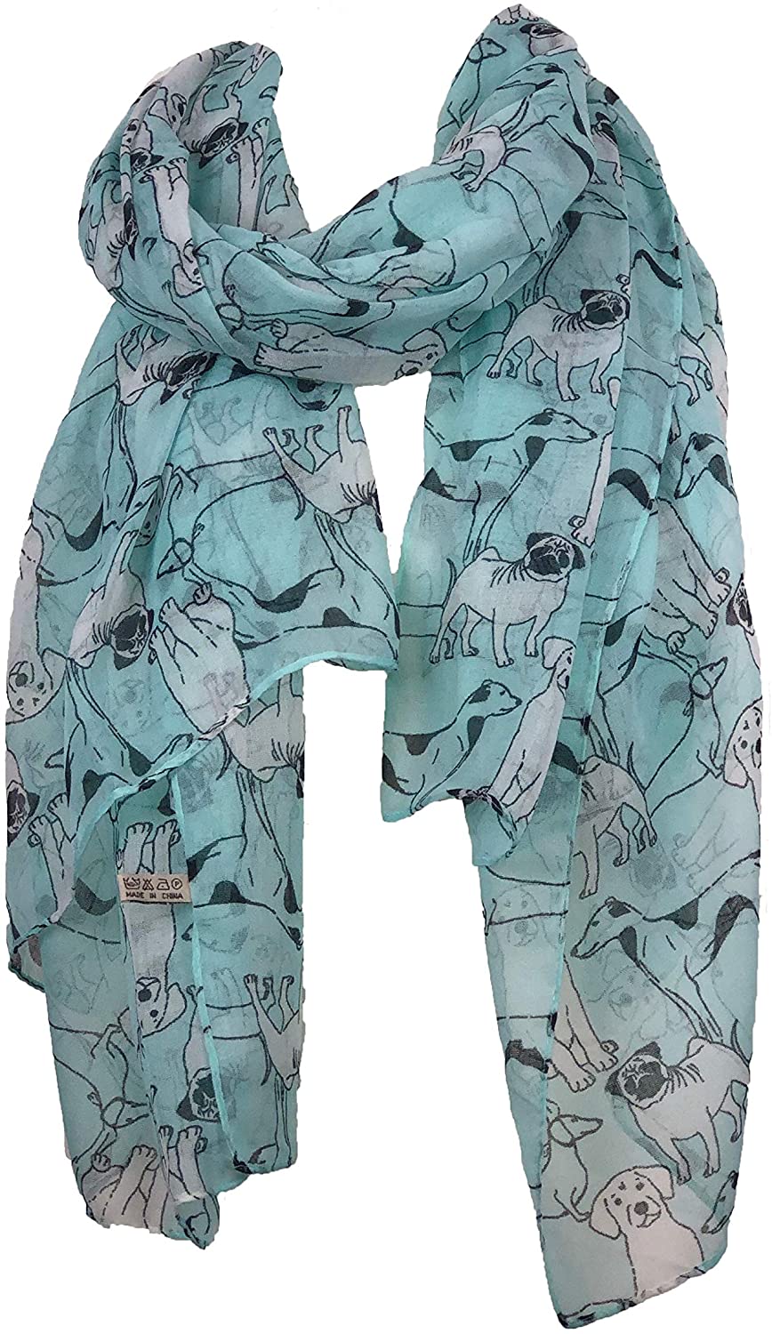 Pamper Yourself Now Blue Sketched Mixed Dog Design Scarf Pug, Sausage Dog, Labrador and whippit