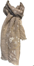 Load image into Gallery viewer, Pamper Yourself Now Beige with White Embroidered Flowers and Leaf Design Long Scarf/wrap with Frayed Edge
