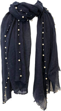 Load image into Gallery viewer, Pamper Yourself Now Navy with Beads and Pearls with Frayed Edge Long Soft Scarf/wrap
