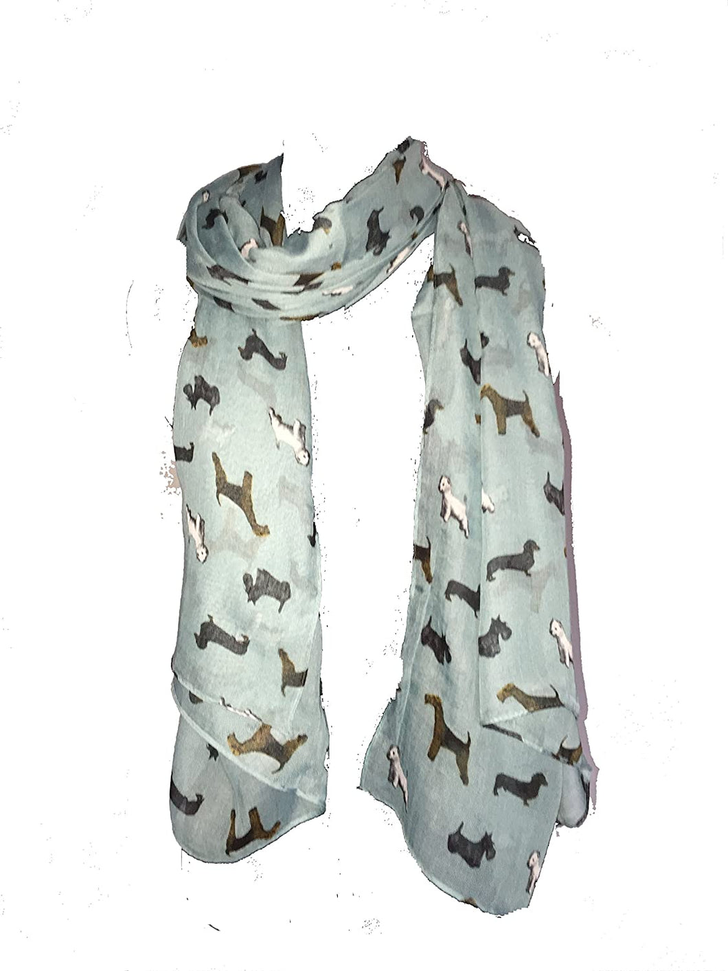 Pamper Yourself Now Aqua Green with Mixed Pooch Dog Design Long Scarf. Sausage Dog, west Ireland Terrier, Wolf Hound