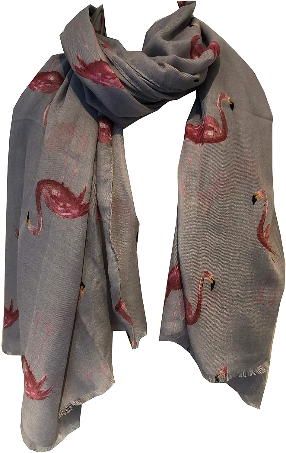 Grey with watercolour flamingo scarf with frayed edge long soft scarf