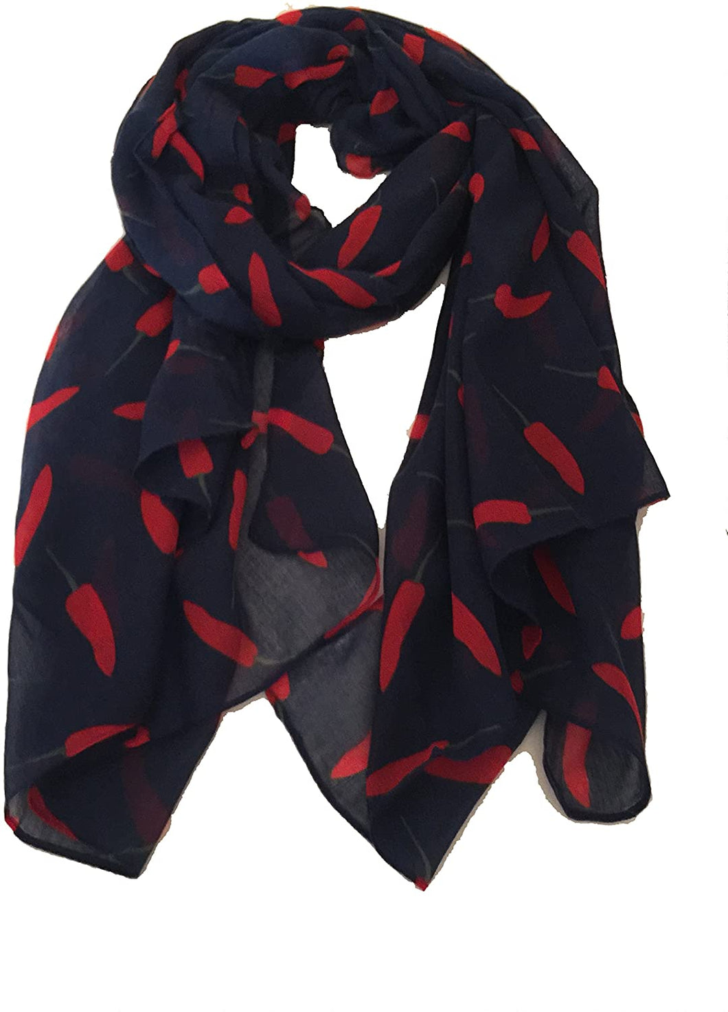 Pamper Yourself Now Navy Blue with red Small Chilli Pepper Design Scarf.