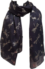 Load image into Gallery viewer, Pamper Yourself Now Navy with Silver Foiled Glitter Dragonfly Design Long Scarf/wrap
