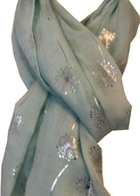 Load image into Gallery viewer, Pamper Yourself Now Aqua Green with Silver Dandelion Design Long Scarf

