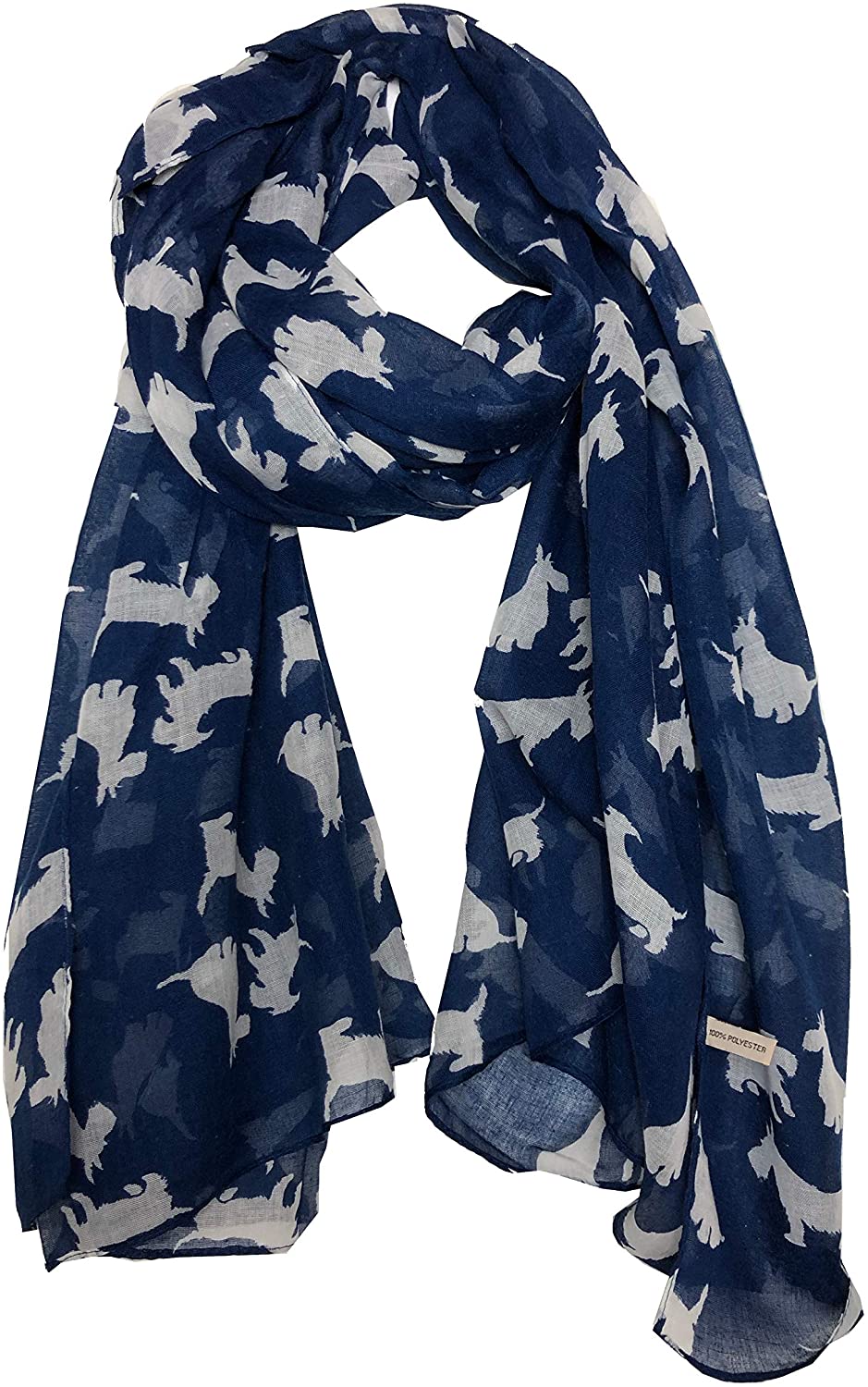 Pamper Yourself Now Blue with White Scottie Dogs, Long Scarf, Soft Ladies Fashion London