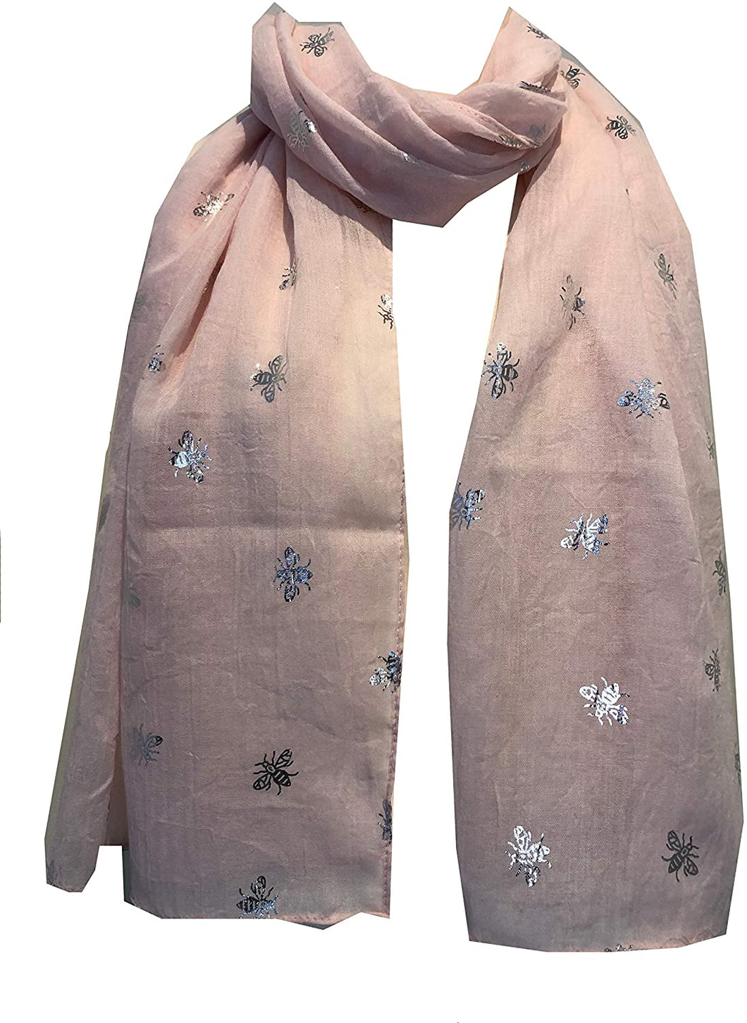 Pamper Yourself Now Baby Pink with Silver Bumble Bees Long Scarf. Great Present/Gift for bee Lovers.