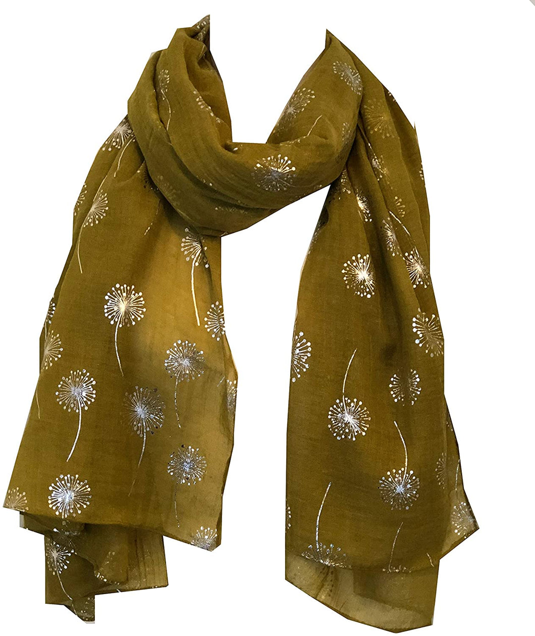Pamper Yourself Now Mustard with Silver Dandelion Design Long Scarf