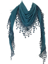 Load image into Gallery viewer, Teal Jersey with sparkle and lace trimmed triangle Scarf Soft Summer Fashion London Fashion Fab Gift
