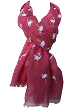 Load image into Gallery viewer, Pamper Yourself Now Coral with White Standing up Flamingo Long Scarf/wrap with Frayed Edge
