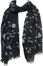 Load image into Gallery viewer, Pamper Yourself Now Navy with White Embroidered Flowers and Leaf Design Long Scarf/wrap with Frayed Edge
