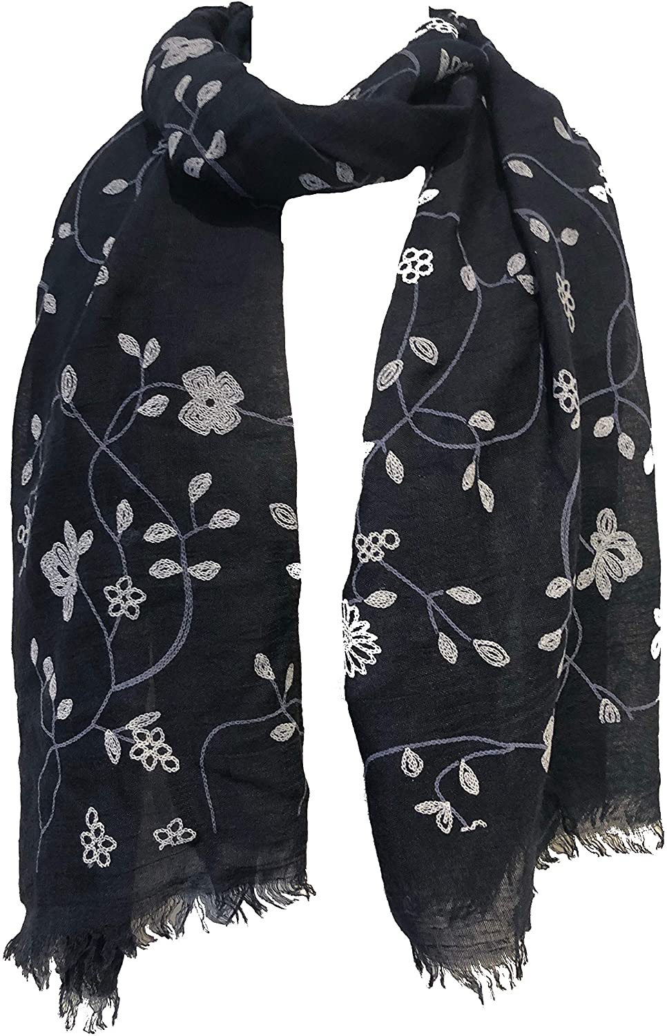 Pamper Yourself Now Navy with White Embroidered Flowers and Leaf Design Long Scarf/wrap with Frayed Edge