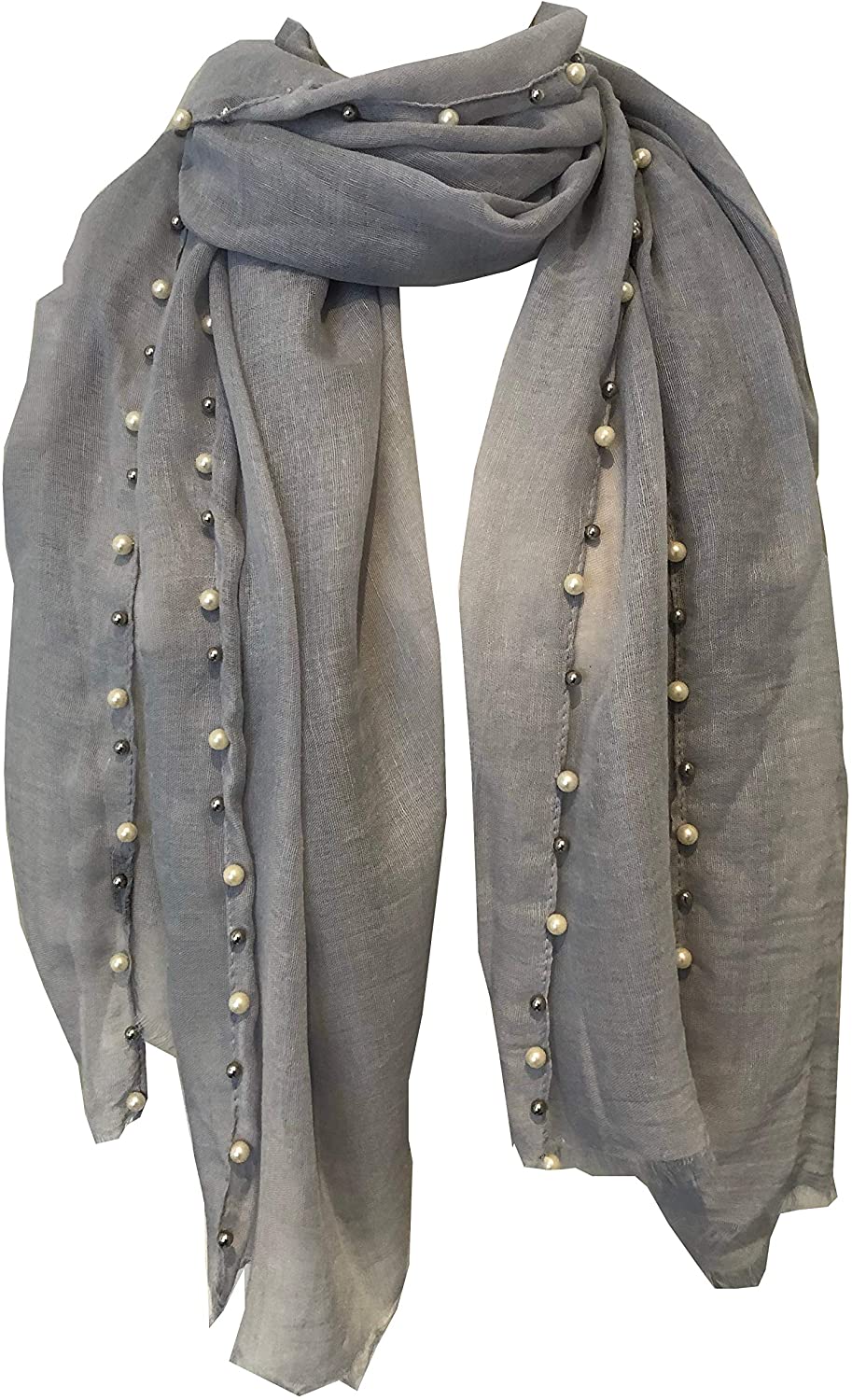 Pamper Yourself Now Grey with Beads and Pearls with Frayed Edge Long Soft Scarf/wrap