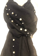 Load image into Gallery viewer, Pamper Yourself Now Black with Beads and Pearls with Frayed Edge Long Soft Scarf/wrap
