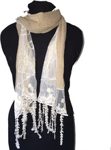 Load image into Gallery viewer, Pamper Yourself Now Beige with Cream Flower lace Trim with Tassel Scarf
