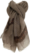 Load image into Gallery viewer, Pamper Yourself Now Dark Brown Scarf with White Spots Scarves with Borders, Long, Soft, Pretty Scarf/Wrap
