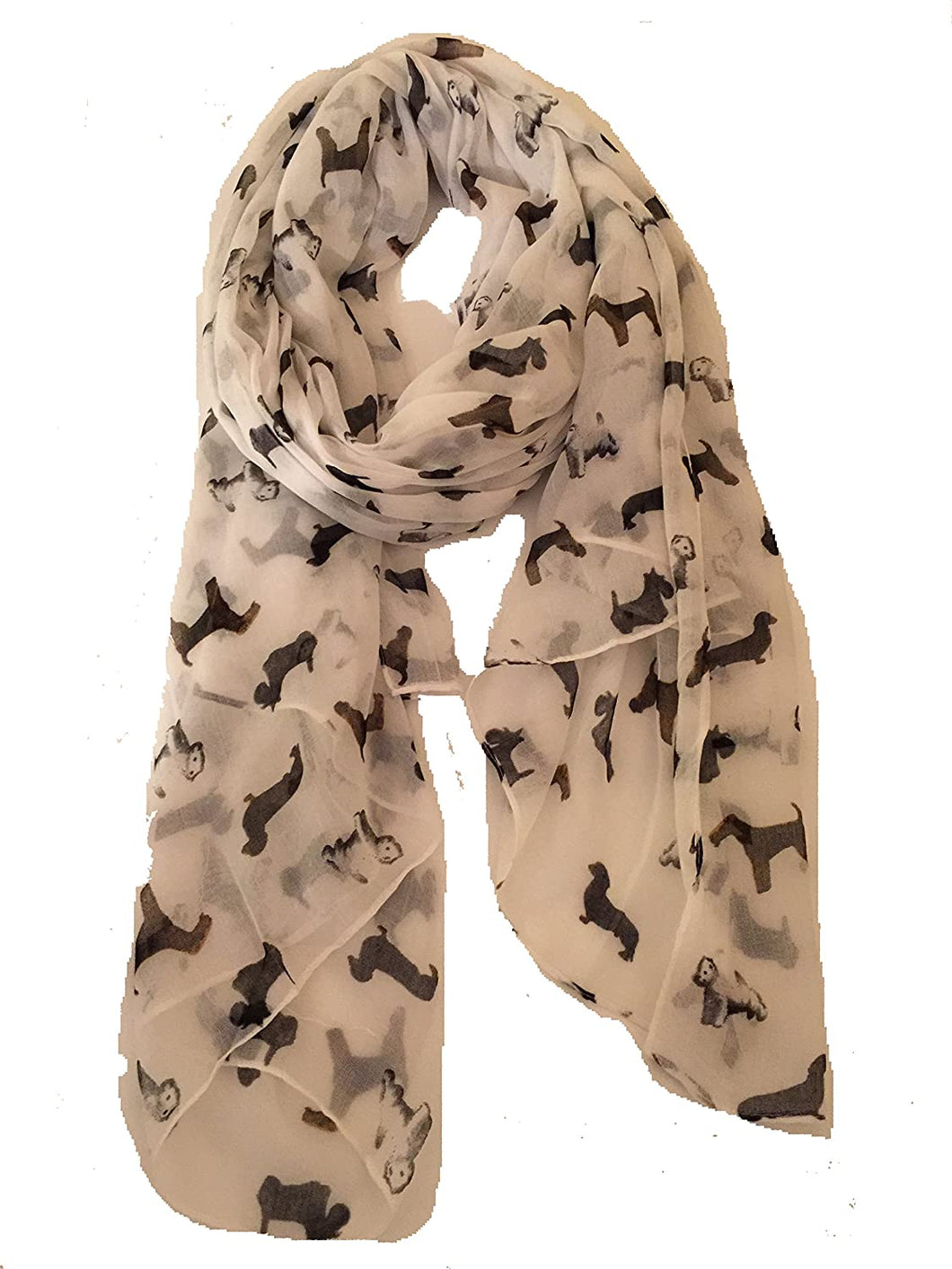 Pamper Yourself Now White with Mixed Pooch Dog Design Long Scarf. Sausage Dog, west Ireland Terrier, Wolf Hound