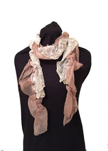 Load image into Gallery viewer, Brown Stretchy thin soft long Scarf with lace trrim
