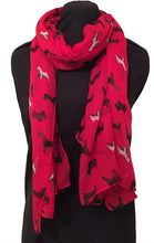 Load image into Gallery viewer, Pamper Yourself Now Red with Mixed Pooch Dog Design Long Scarf. Sausage Dog, west Ireland Terrier, Wolf Hound
