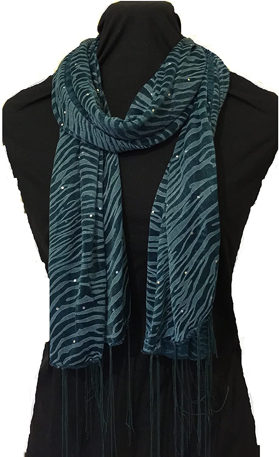 Pamper Yourself Now Green Zebra Print Long Thin Shiny Scarf with Pretty Sparkly Lovely for Evening wear