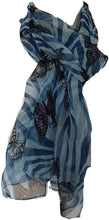 Load image into Gallery viewer, Sky Blue with Blue Zebra Animal Print with Butterflies Chiffon Style Thin Scarf.
