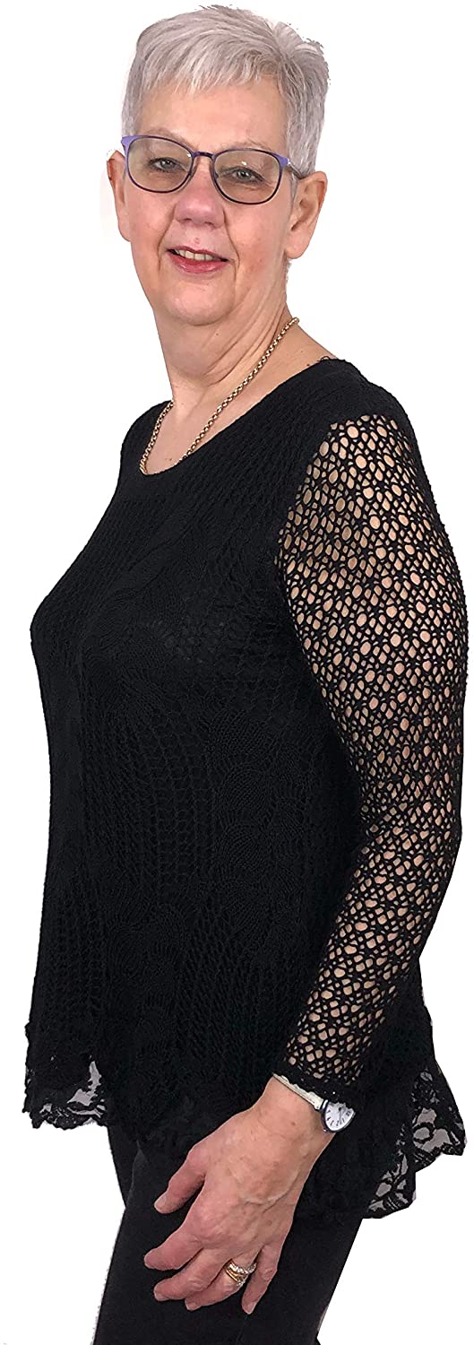 Pamper Yourself Now ltd Ladies Black Crochet lace Long Sleeve top.Made in Italy (AA4)