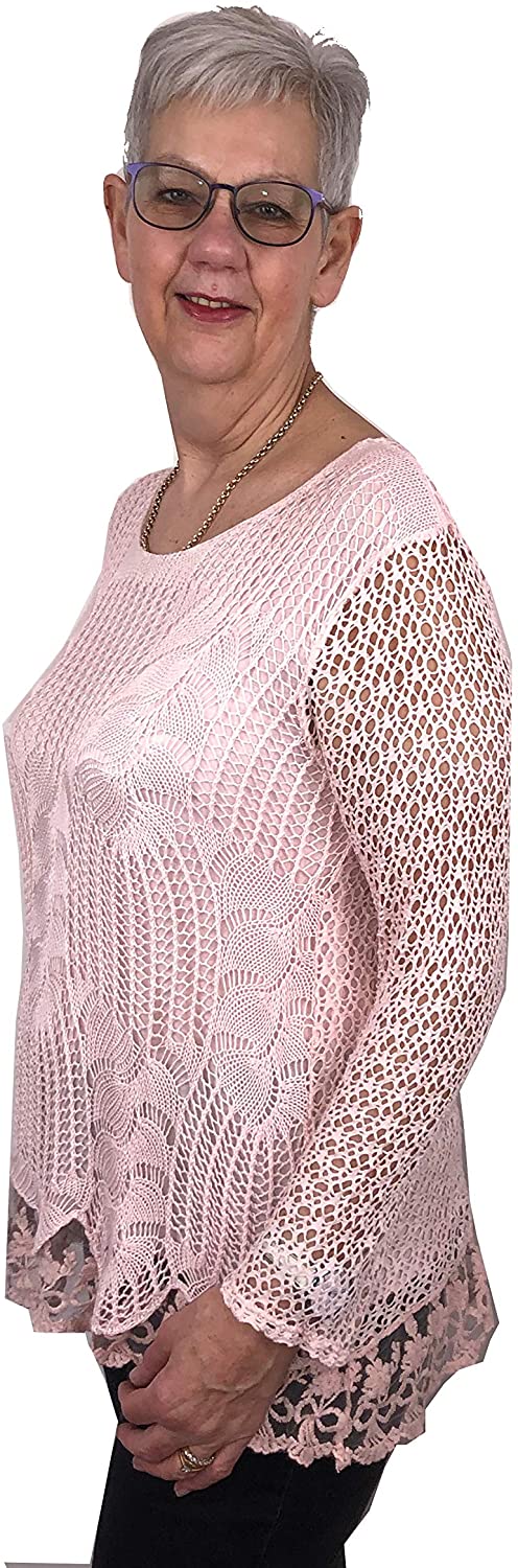 Pamper Yourself Now ltd Ladies Pink Crochet lace Long Sleeve top.Made in Italy (AA3)