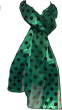 Load image into Gallery viewer, Pamper Yourself Now Green with Black Medium spot Thin Pretty Scarf. Lovely with Any Outfit
