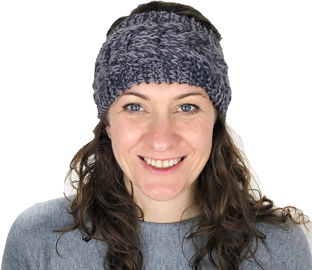 Dark grey/light grey mixed coloured woollen machine knitted headband. Warm winter headband