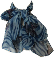 Load image into Gallery viewer, Sky Blue with Blue Zebra Animal Print with Butterflies Chiffon Style Thin Scarf.
