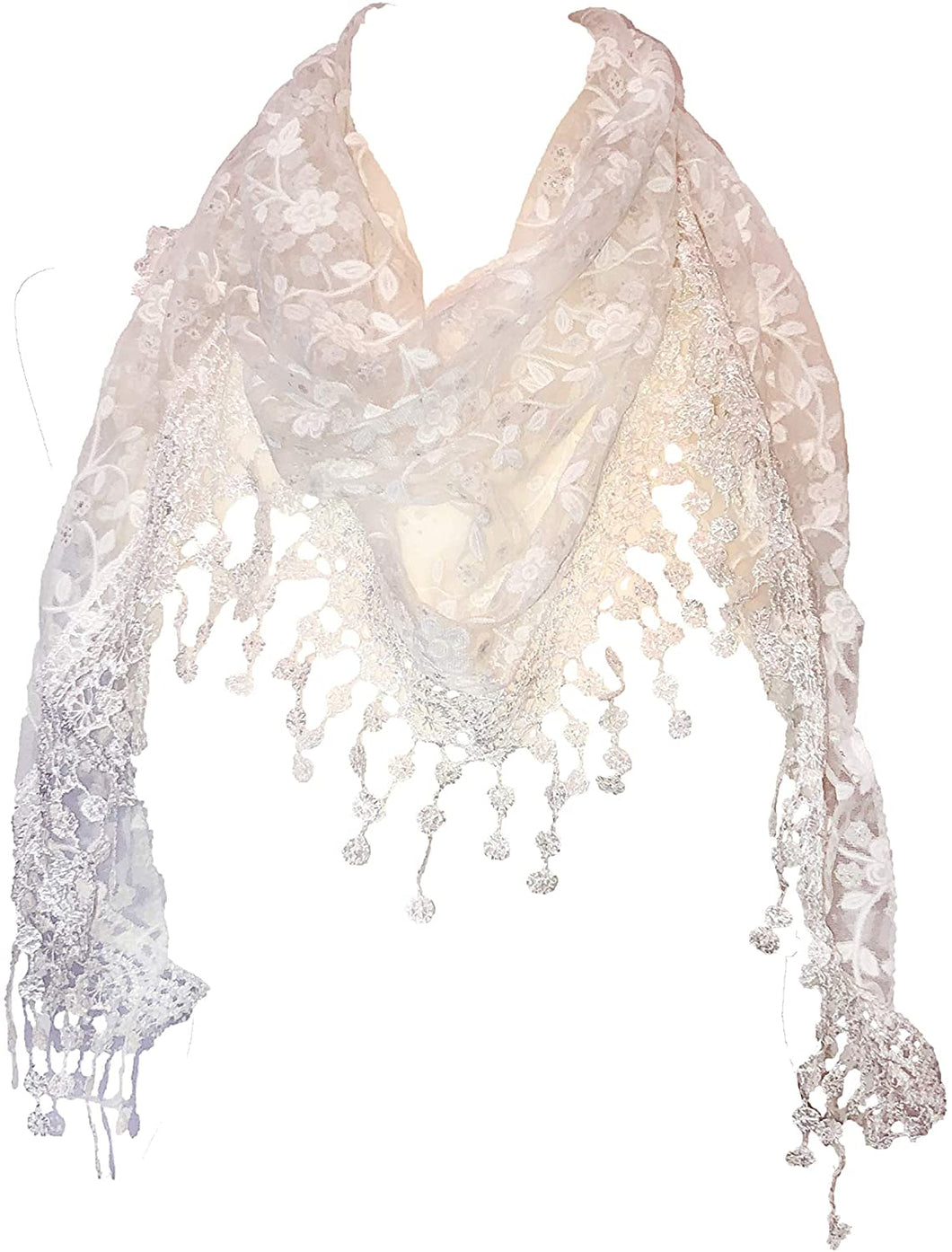Pamper Yourself Now Creamy White with White Glittery Flower lace Triangle Scarf with lace Trim