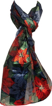 Load image into Gallery viewer, Pamper Yourself Now Blue and red Poinsettia Flower Design Scarf Thin Pretty Christmas Scarf
