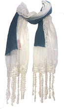 Load image into Gallery viewer, Pamper Yourself Now Dark Blue with Cream Flower lace Trim with Tassel Scarf
