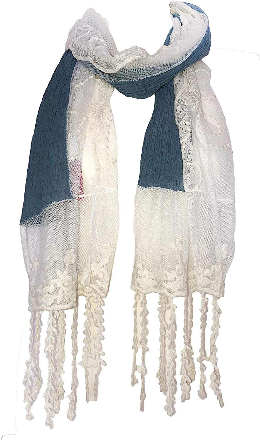 Pamper Yourself Now Dark Blue with Cream Flower lace Trim with Tassel Scarf