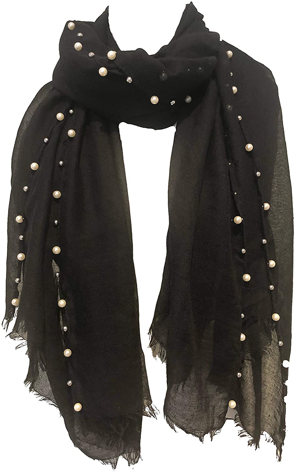 Pamper Yourself Now Black with Beads and Pearls with Frayed Edge Long Soft Scarf/wrap