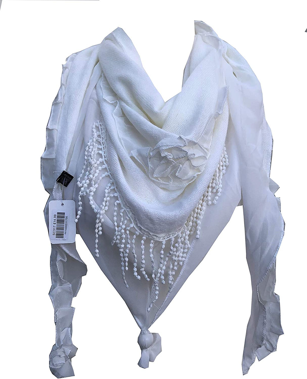 Pamper Yourself Now White with Small Rose and Chiffon lace Trim Triangle Scarf